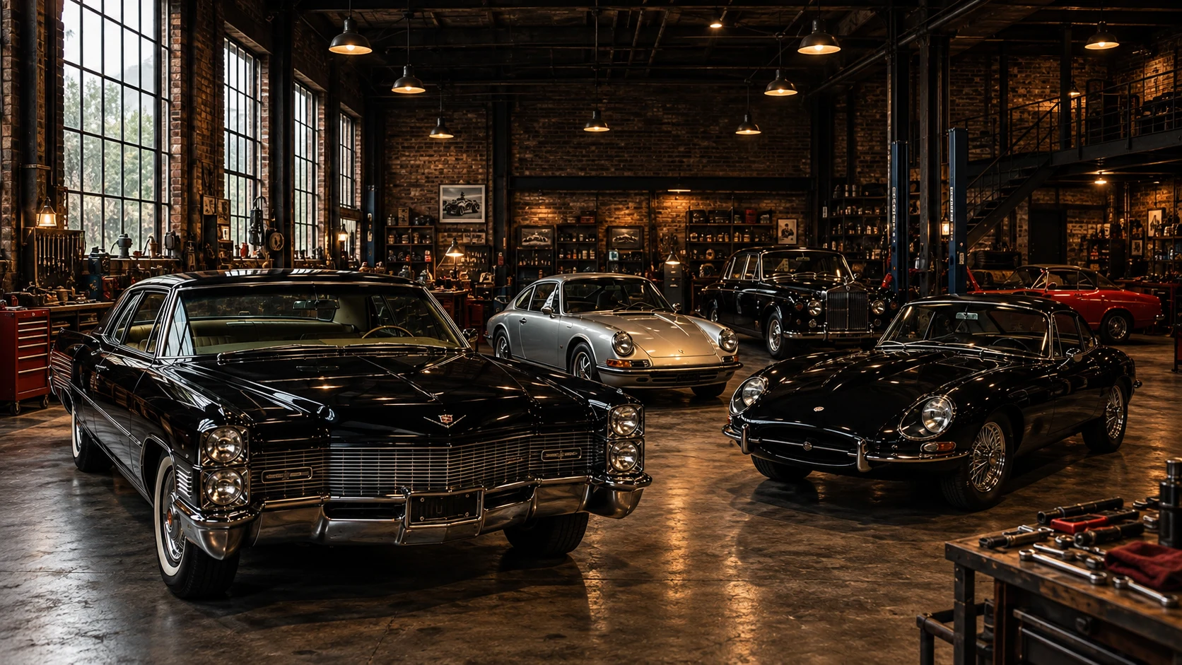 Illustrative view of a classic car workshop