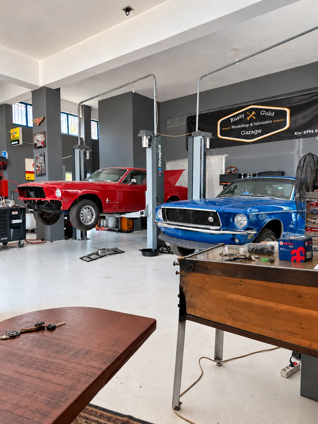 Red and blue classic Mustangs inside Rusty Gold Garage