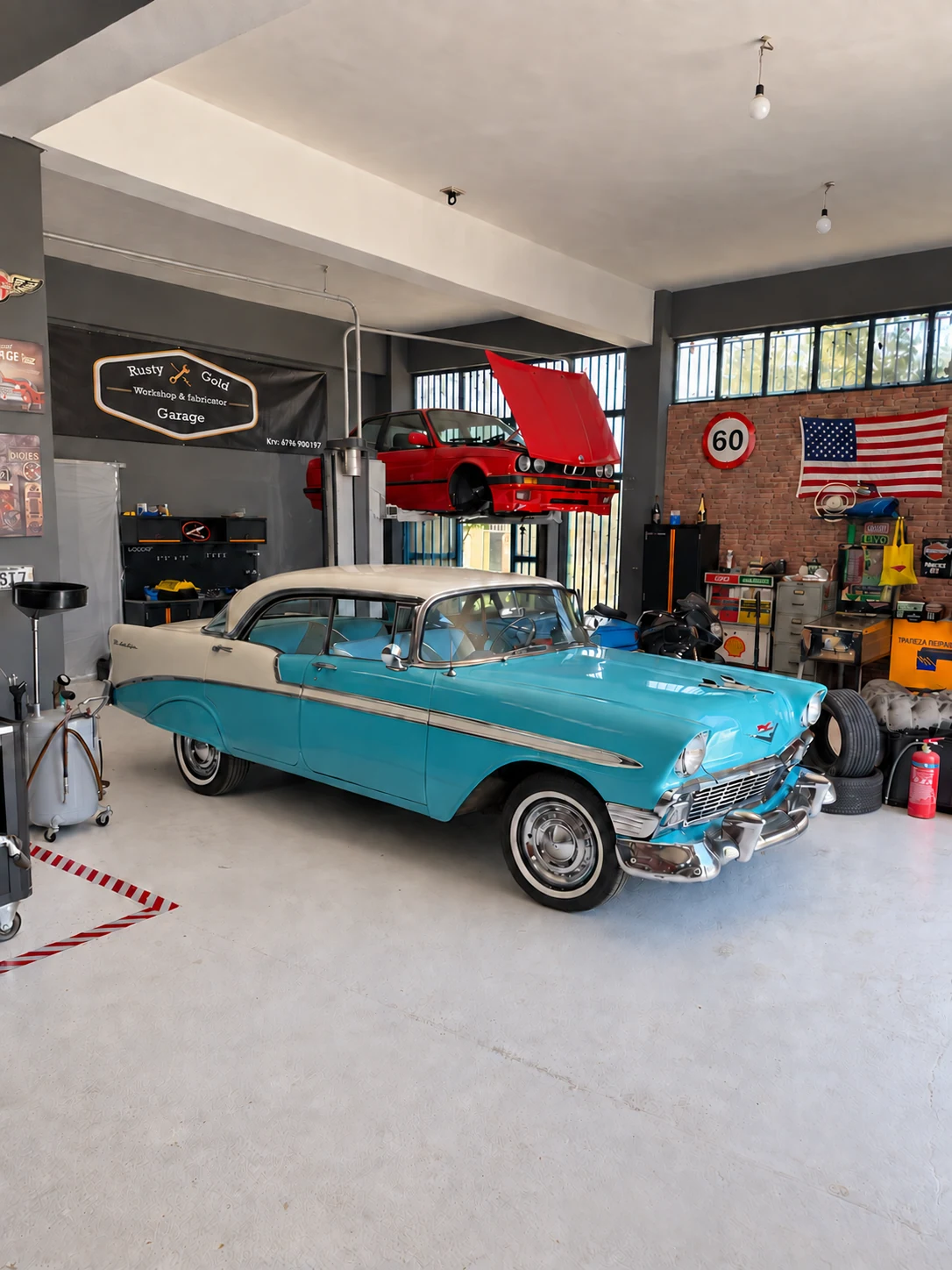 Turquoise and cream classic Chevrolet at Rusty Gold Garage