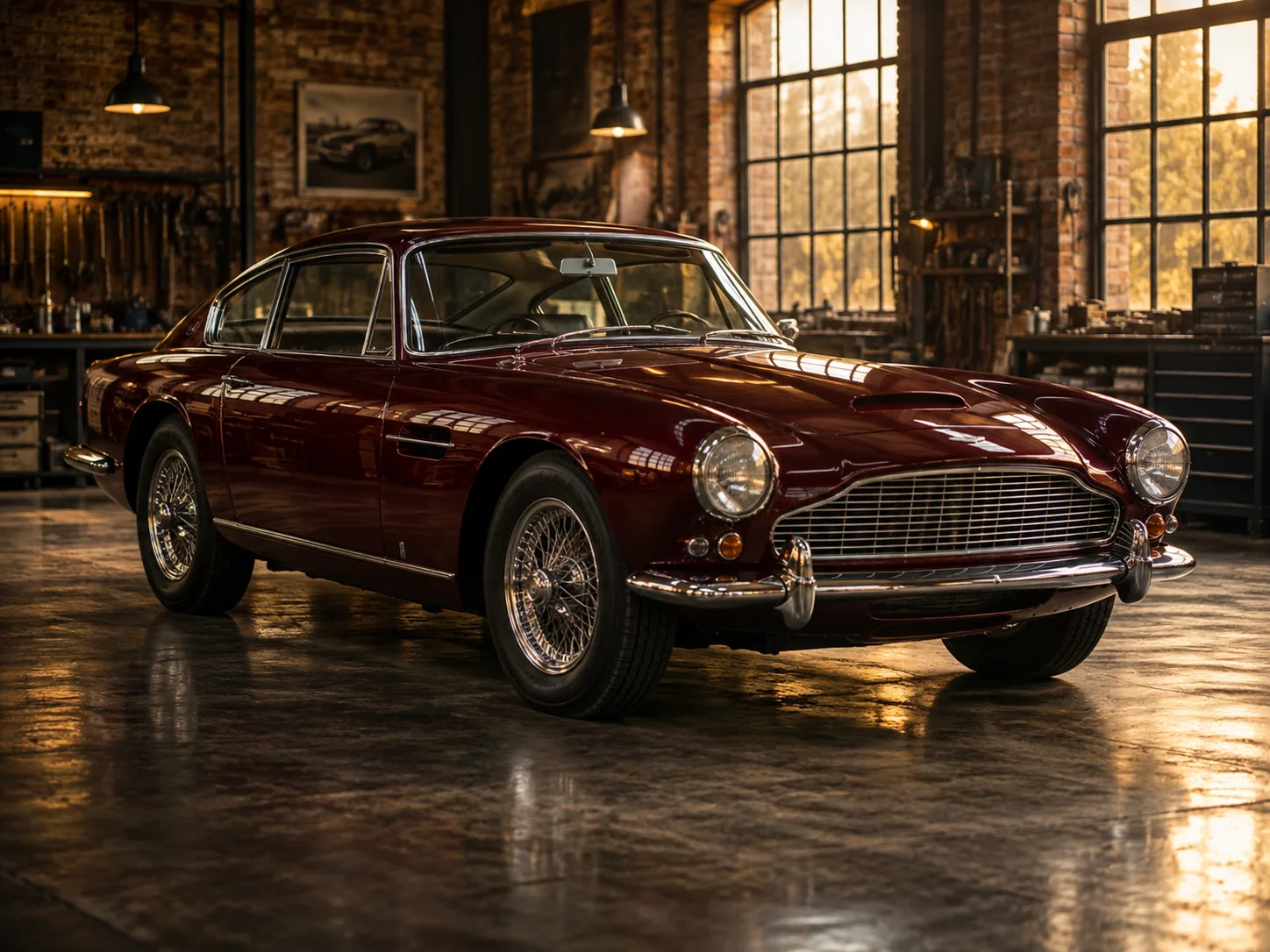 Burgundy vintage grand tourer in a warmly lit brick workshop