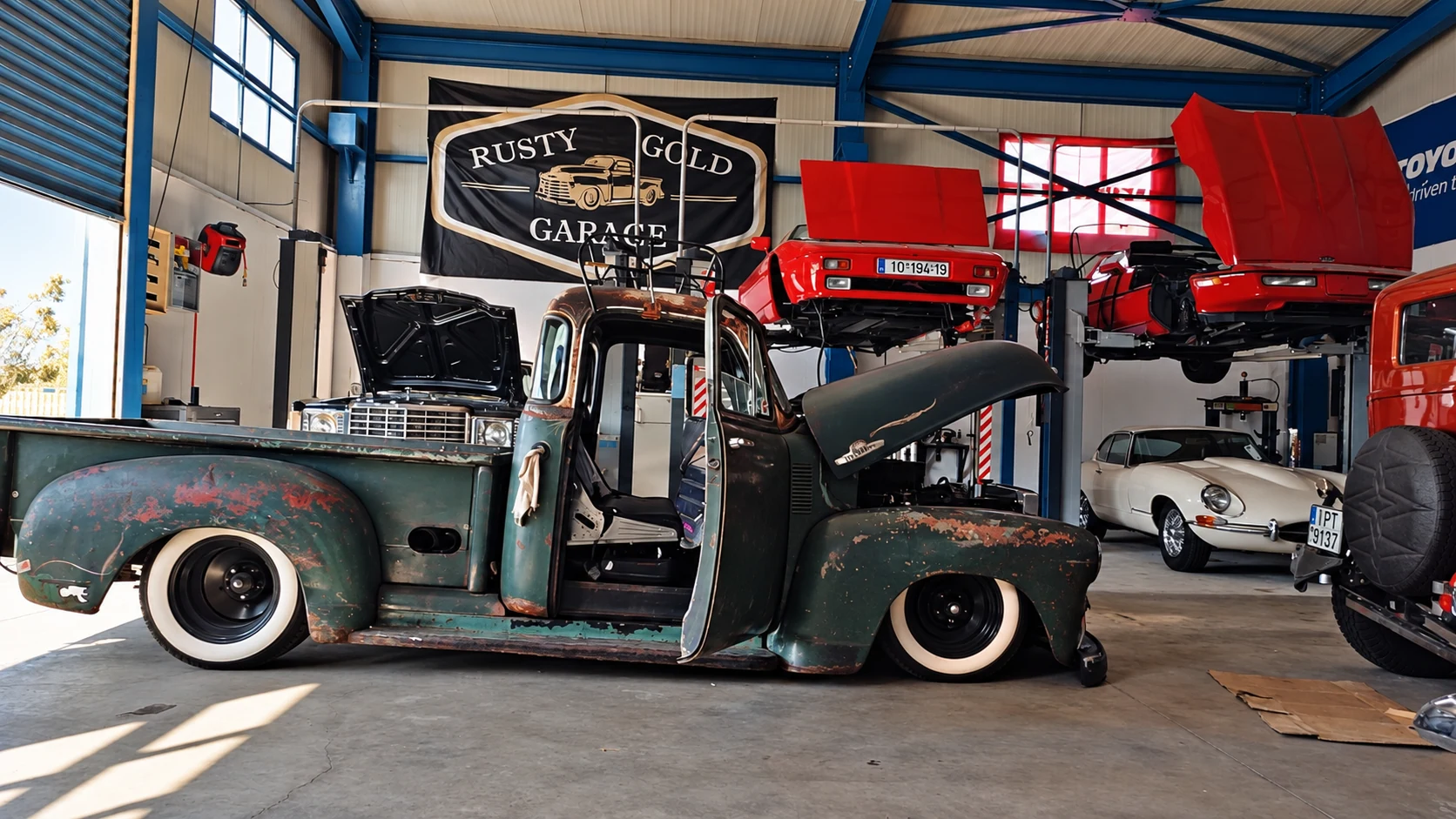 Patinated vintage pickup and classic cars at Rusty Gold Garage