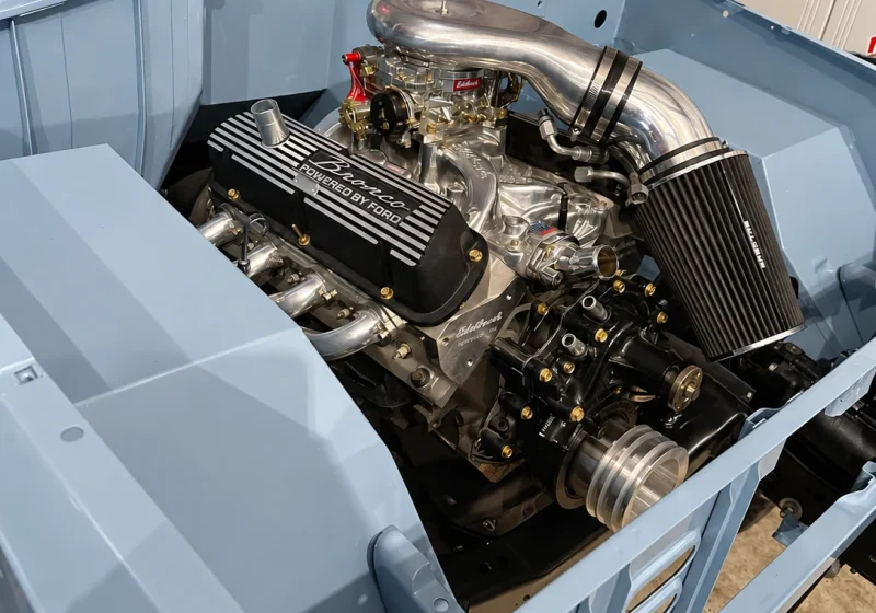Ford Bronco V8 installed in a freshly painted engine bay