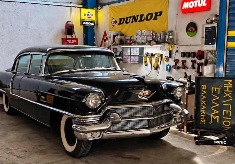 Black classic Cadillac in the garage