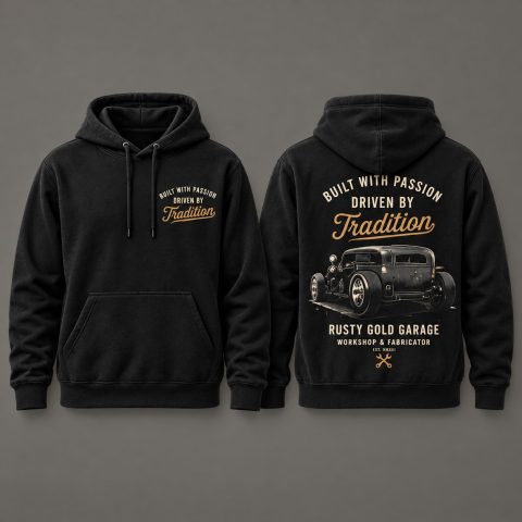 Front and back of the black Built with Passion hoodie with gold-tone lettering and vintage-car artwork.