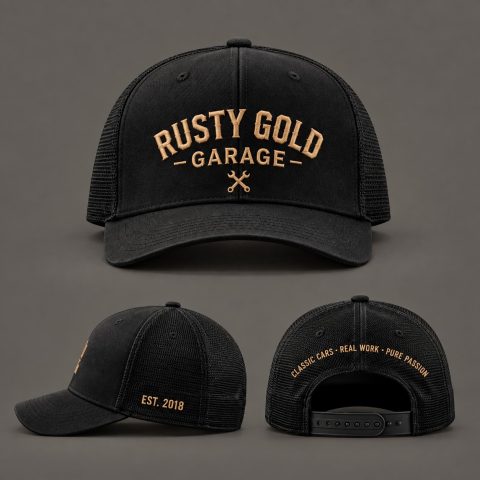Front, side and back of the black Rusty Gold Classic Logo Cap with gold-tone lettering and a snapback fastening.