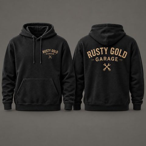 Front and back of the black Rusty Gold Classic Logo Hoodie with gold-tone lettering and crossed tools.