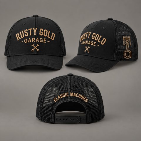 Rusty Gold Engineered Soul Cap, black, front, side and rear views on a warm grey studio background.