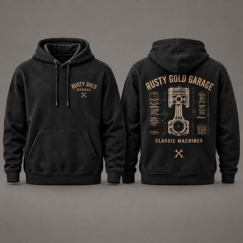Rusty Gold Engineered Soul Hoodie, black, front and back views on a warm grey studio background.