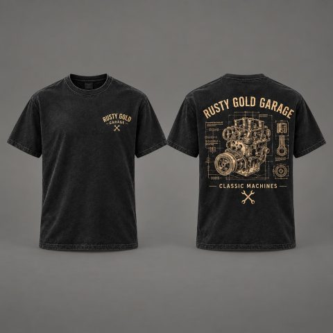 Rusty Gold Engineered Soul T-Shirt, black, front and back views on a warm grey studio background.