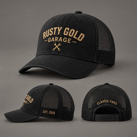 Rusty Gold Garage Legacy Cap, black, front, side and rear views on a warm grey studio background.