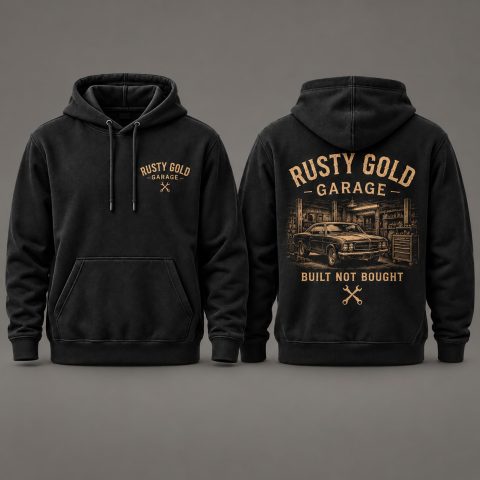 Rusty Gold Garage Legacy Hoodie, black, front and back views on a warm grey studio background.