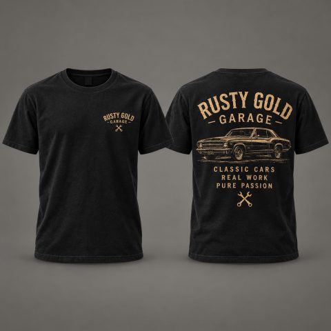 Rusty Gold Garage Legacy T-Shirt, black, front and back views on a warm grey studio background.