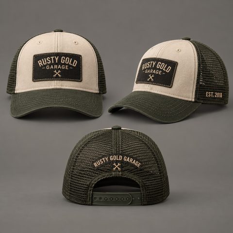Rusty Gold Road Stories Cap, olive green / cream, front, side and rear views on a warm grey studio background.