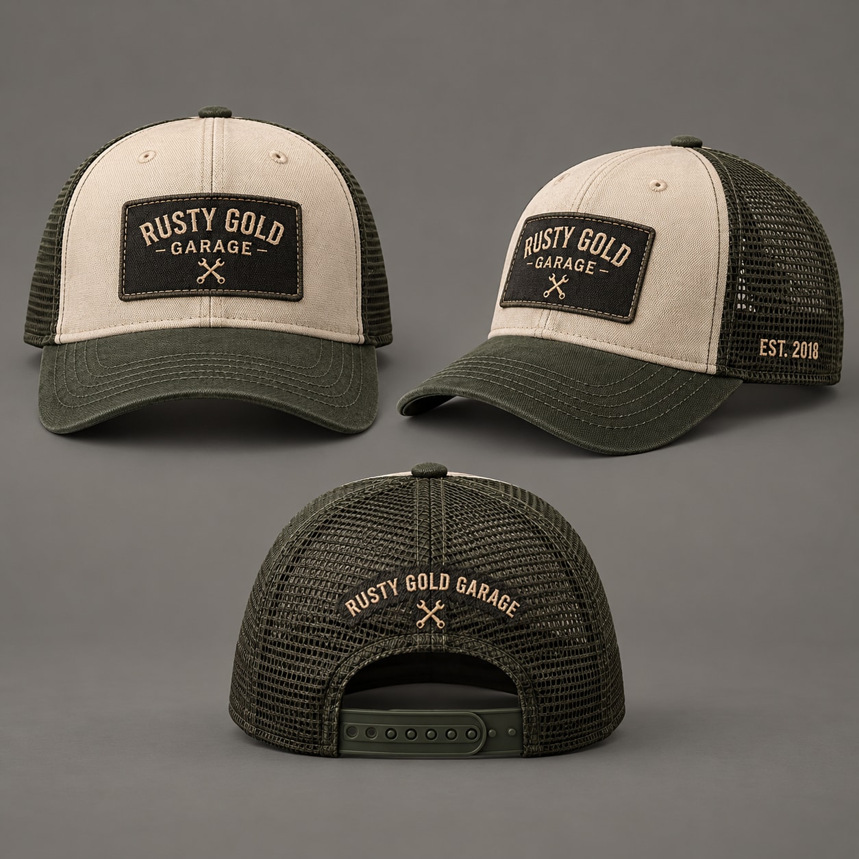 Rusty Gold Road Stories Cap, olive green / cream, front, side and rear views on a warm grey studio background.