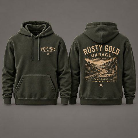 Rusty Gold Road Stories Hoodie, olive green, front and back views on a warm grey studio background.