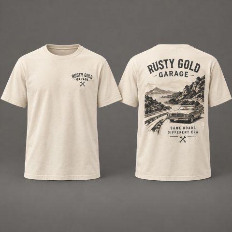 Rusty Gold Road Stories T-Shirt, cream, front and back views on a warm grey studio background.