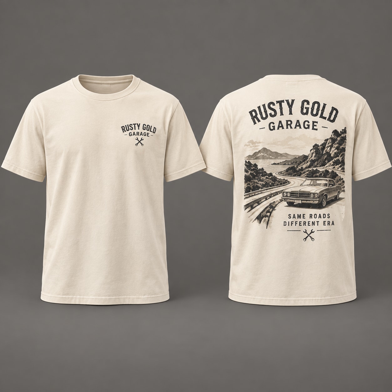 Rusty Gold Road Stories T-Shirt, cream, front and back views on a warm grey studio background.